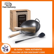 Authentic 12inch Hand Hammered Round Bottom Carbon Steel Pow Wok Set with utensils - Wok Spatula and Bamboo Brush wok