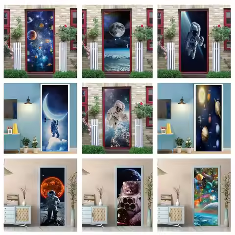 Starry Sky Door Sticker 3D Planet Astronaut Space Planet Wallpapers Wall Stickers Adhesive Boy Kids 