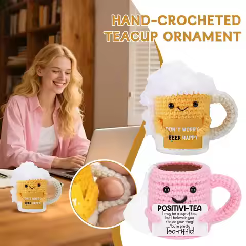 Hand-Crocheted Tea Cup Ornament Pink Positive Teacup Yellow Don't Worry Beer Happy Energy Cute Coffe