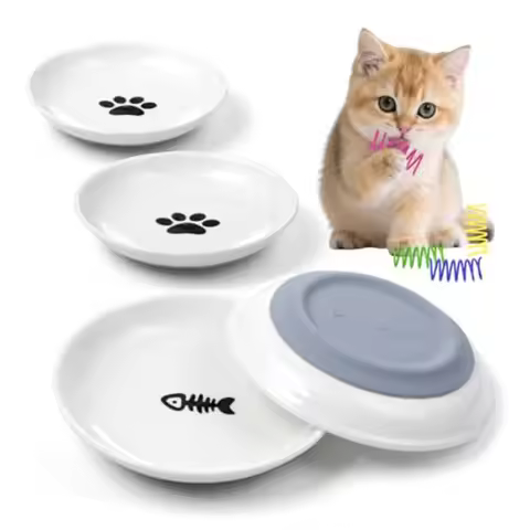 Ceramic Cat Food Bowls for Indoor Cats and Kitten, 4 Cute Cat Feeding Bowls Shallow Whisker Relief D