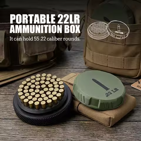 Compact, stackable ammunition storage box that holds 50 rounds of 22LR ammunition, making it easy to