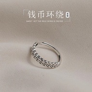 S999 Pure Silver Money Abundance Retro Copper Coin Ring for Women Unique Coin Simple Niche Open Ring