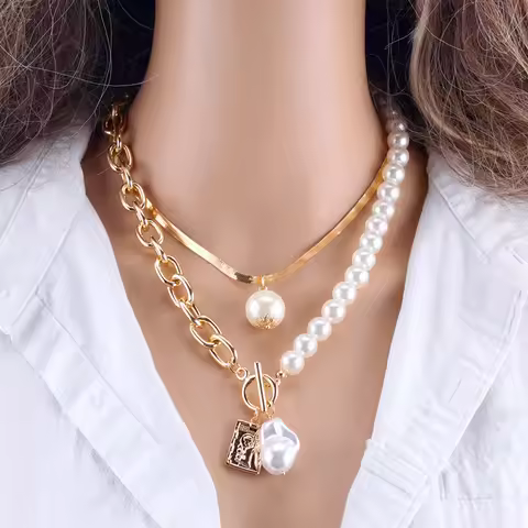 Fashion Chain Pearl Necklace For Women Baroque Pearl Metal Charm Pendant Necklaces Choker Snake Chai