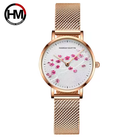 HANNAH MARTIN Women Watch 1324 Plum Blossom Carving 3D Stainless Steel Mesh Rose Gold Clock Japanese