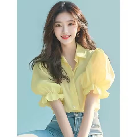 Elegant French Style Premium Yellow Puff Sleeve Blouse for Women's Summer