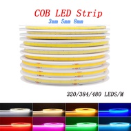 5Mters DC 12V 24V แถบ LED COB 320 384 480 S/m ความหนาแน่นสูงยืดหยุ่นซังแถบแสงเทป LED 3MM 5MM 8MM PCB
