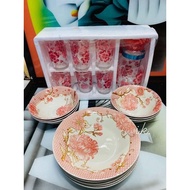 FORAL PLATE SET W/ GLASS & PITCHER 6 PCSGLASS 1 PITCHER 6 PCS 8 "INCHES PLATE 6 PCS 6" INCHES BOWL