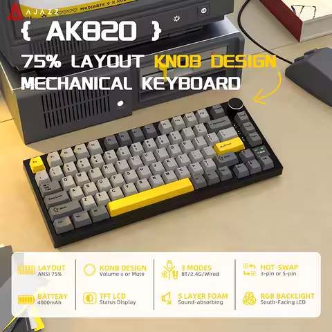 AJAZZ AK820 / AK820PRO TKL Gaming Mechanical Keyboard 75% 82 Keys Gasket Hot Swap Wired Bluetooth Wi