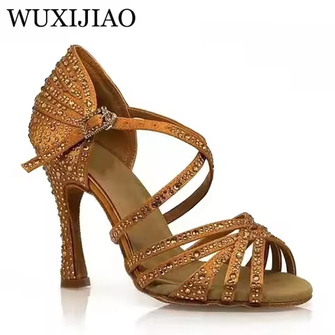Bronze satin diamond Latin dance shoes, high heels, professional soft soled dance shoes, summer sand
