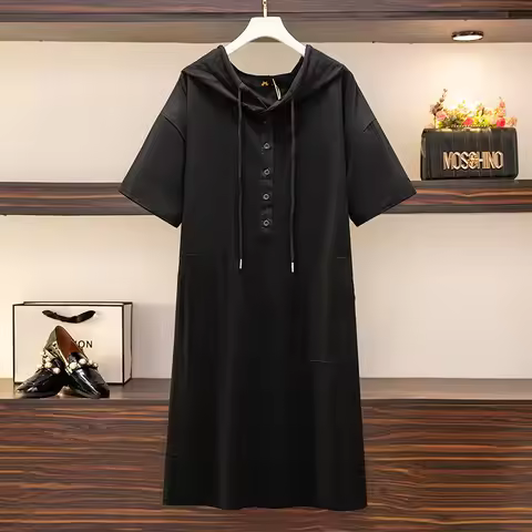 Large Size Women's Bust 157 Summer Loose Short-Sleeved Hooded Zipper T-Shirt Dress Black 6XL 7XL 8XL