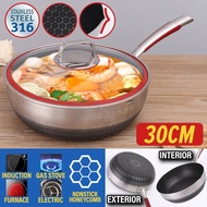 Elantas [ 18CM/24CM/30CM ] SUS316 Stainless Steel Nonstick Honeycomb Cooking Wok with Glass Lid