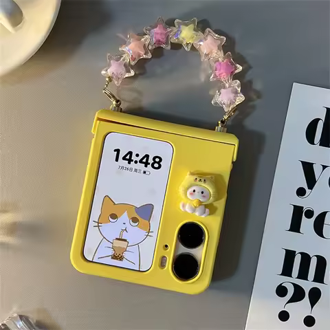 Korean Cute Candy Color Star Bracelet Pig Cat Path Yellow Case for OPPO Find N2 FLIP findn2 flip Fin