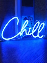 1入組藍色chill字母形霓虹燈帶釘鏈鉤,led裝飾燈用於夜總會、酒吧、酒館、餐廳、商店、派對裝飾