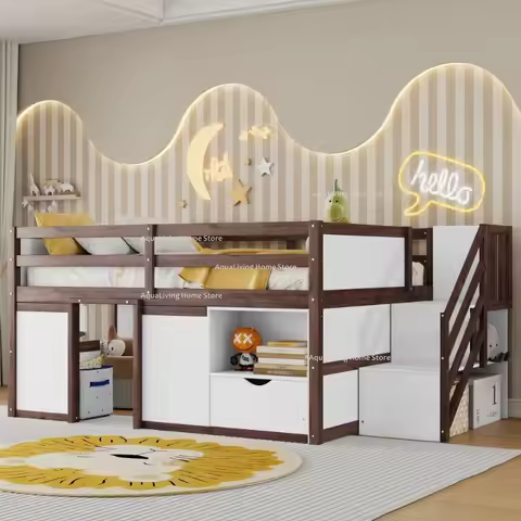 Full Size Solid Wood Low Loft Bed Frame Built-in Stairs Storage Drawer Shelf 7 Colors LED Light Kids