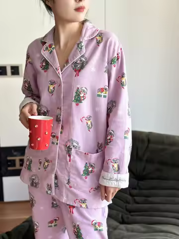 Women's Cotton Pyjama Suit Long Sleeve Single Breasted Ladies Sleepwear 2 Pcs with Pants Comfortable