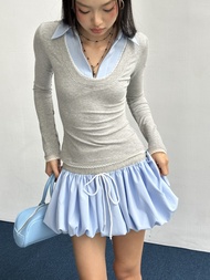 Áo Thun Xám Phối Cổ Sơ Mi Xanh Viền Ren Trắng Dài Tay - HOO DESIGN