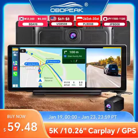 OBDPEAK 5K Car DVR Android Auto Carplay Dual Lens K8s DashCam Monitor 5G Wifi Rearview Car Record 10