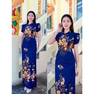 HM-(Whole Set) Navy Blue Batik Dress Set Of 1 Cloth Gold Flower Pattern Chinese Collar Lotus Pleated