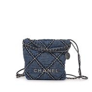 Chanel Bleu Quilted Denim Mini 22 Bag Silver Hardware, 2024