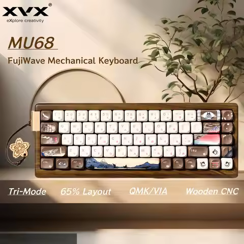 XVX MU68 FujiWave Wooden Mechanical Keyboard Tri-Mode Hot Swappable Walnut Solid Case Wood Wireless 