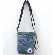 Small Blue Gray Square jeans Sling Bag Embroidered label Pattern