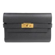 HERMES Epsom皮革Kelly Compact Wallet金扣錢包Noir