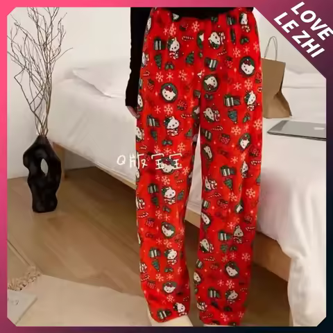 Sanrioed Hello Kittys Christmas Flannel Fashion Halloween Pajamas Trouserswomen Cartoon Warm Loose W
