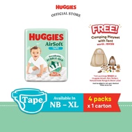 [Bundle of 4] HUGGIES AirSoft Tape NB68/ S58/ M52/ L44/ XL38 - Breathable and soft premium diapers f