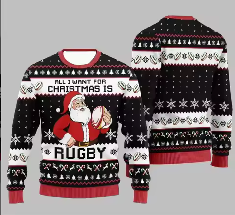 2025 Christmas All I Want for Christmas Is Rugby Ugly Christmas Sweater Men Festival Christmas Long 