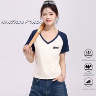 Miziqi Tshirt Woman | Baju Cantik | 2025 Summer American V-neck T-shirt Contrast Color Loose 100% Co