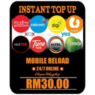 Top up RM30, digi, celcom, maxis, umobile, tunetalk, redone, altel, xox, onexox, yes, reload recharg