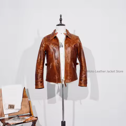 Men's Classic American LVC Vintage Moto Organ Leather Jacket 1940s Style Vegetable Tanned Horsehide 