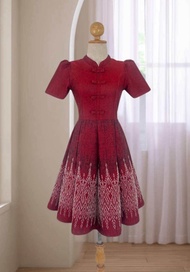 N729 🧑🏻🎄 🎄 ชุดเดรสผ้าทอลาย งานคอจีน แต่งกระดุม กระโปรงบาน 8 ชิ้น อัดกาวทั้งชุด