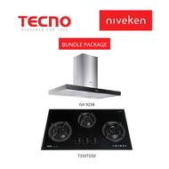 (HOOD + HOB) TECNO ISA 9238 / ISA9238 Island Hood with Black front Panel + Tecno T 333TGSV / T333TGSV (90cm) 3-Burner Tempered Glass Cooker Hob