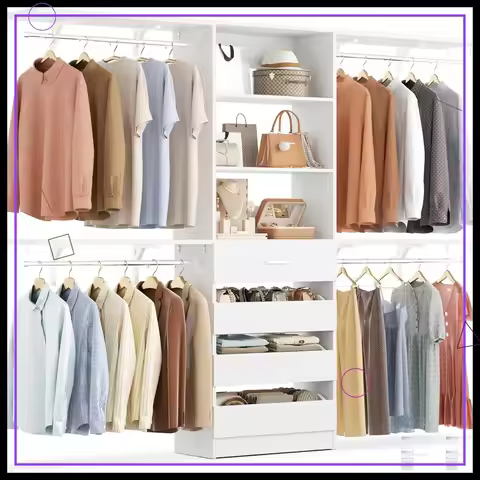 8FT Wood Closet Organizer System with 4 Drawers, Shelves and Hanging Rods, Fits Spaces 4-9 ft, White