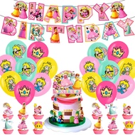 Super Mario Bros Peach Princess Theme Kids Birthday Party Decorations Banner Cake Topper Balloon Set Happy Birthday Party Supplies