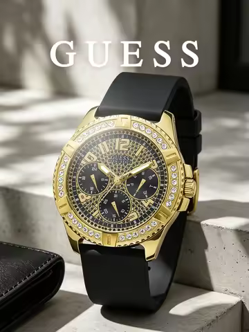 Guess Men's Watch Black Silicone Straps Gold Tone Chronograph Quartz Wristwatch Rhinestone Bezel Tex