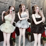 D651HT 2-Strap Chiffon Dress, SHORT DESIGN WITH FLOWERS, LUXURY STONE NECK (freesize small form)