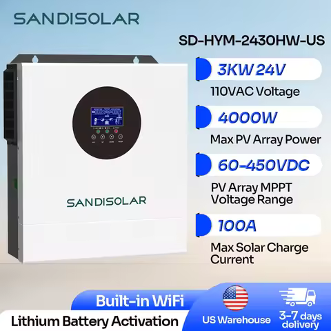 SANDISOLAR 3KW Hybrid Solar Inverter 24V Off Grid Inverter 3000W MPPT Solar Charger Pure Sine Wave W