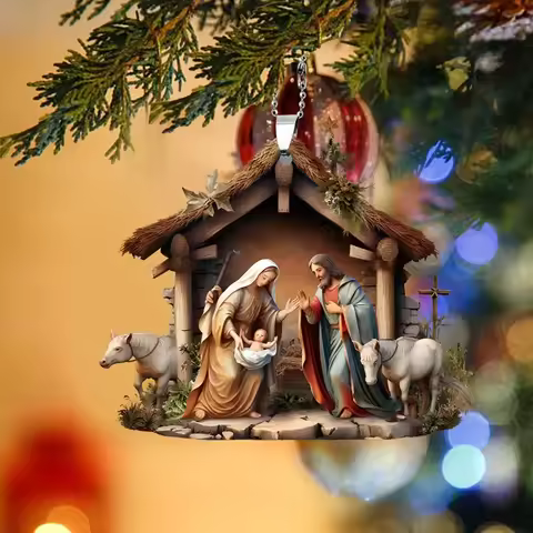 Christmas Tree Jesus Pendant Ornament Family Prayer Scene Pendant Bright Colored Car Decoration Pend