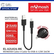 MYMOSH A2L026/A2L26 CABLE I-CABLE TO USB-A 26CM 12W/OPTIMAL CHARGE/CHARGE & SYNC/30KG TEAR RESISTANC