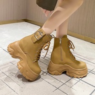 Rekaan Unik 9cm Tapak Tebal Platform Baji Tersembunyi But Martin untuk Wanita Kasut Pendek Kerja Ret