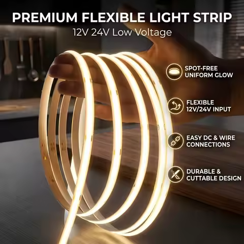 8mm Ultra Thin COB LED Strip DC12V/24V 0.5m-5m Flexible Tape with DC Plug 2pin Wire for Bedroom Livi