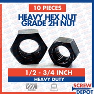 10PCS 1/2-3/4 INCH Heavy Hex High Tensile Hex Nut (Grade 2H NUT) / Screw Depot