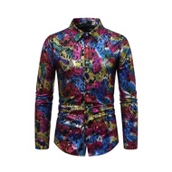 Men Club Shirt Snake Skin Printing Turn-down Collar Slim Fit Button-down Long Sleeve Party Shirt Nig