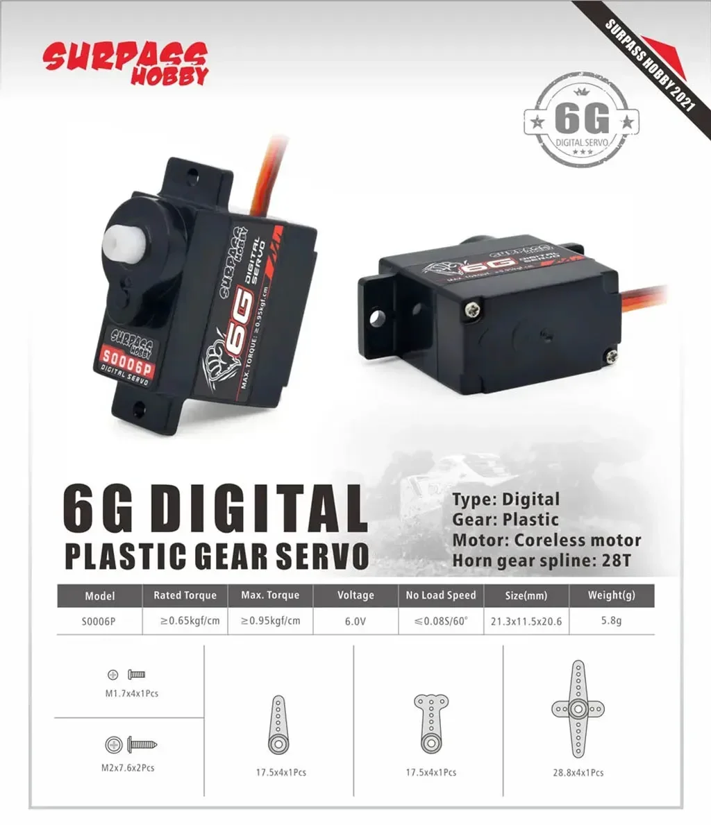 Surpass Hobby 2g 3.7g 4.3g 6g 8g Plastic/Metal Gear Mini Digital Servo for RC Plane Helicopter Drone