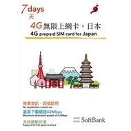 日本Softbank 7日4G 7GB之後3G無限上網卡電話卡SIM卡data