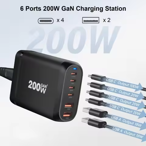 200W 6-port GaN PD QC fast charger, suitable for Apple iPhone, Samsung Pixel 65W laptop MacBook Pro 