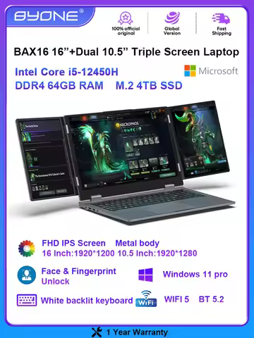 BYONE BAX16 Triple Screen Laptop 16”+Dual 10.5” Notebook Intel Core I5-12450H 64G RAM 4TB SSD Face &