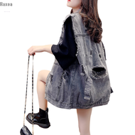 Raxoa "Korean Style Retro Denim Vest for Women - Sleeveless Mid-Length Waistcoat with Holes Ideal for Spring and Autumn in Malaysia"
